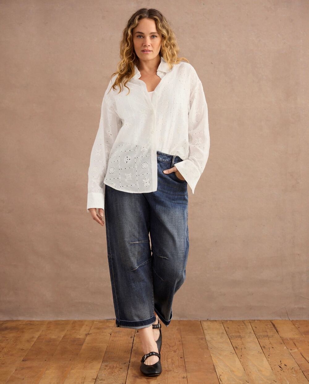 CAbi Cooper Jeans Size 8 Oil Wash Dark Barrel Leg Denim